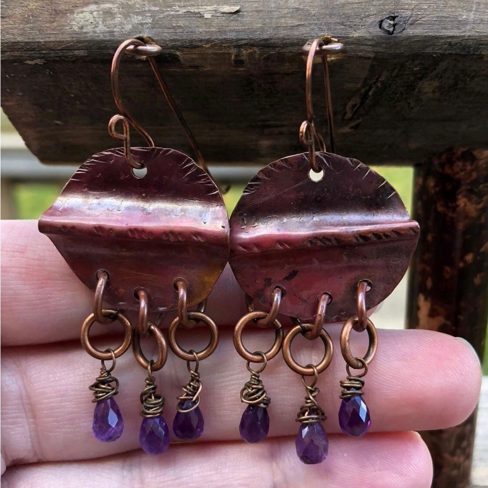 Artisan handmade Amethyst and copper earrings by Heidi Ahrens Williams